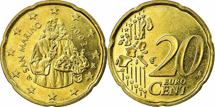 Монета 20 центов Сан-Марино