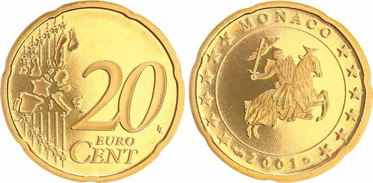 Монета 20 центов Монако